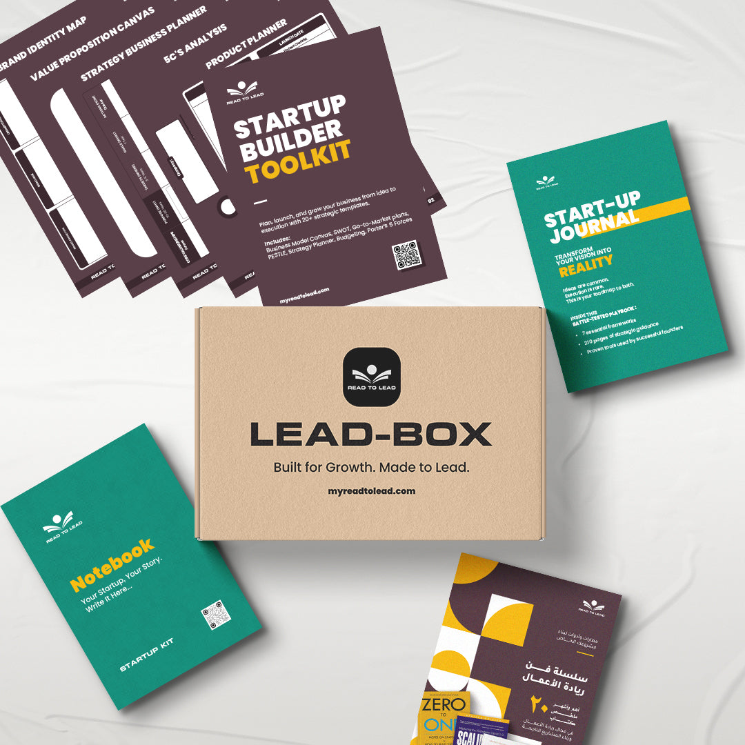 محتويات Startup Builder Kit: Startup Builder Toolkit، Start-up Journal، 20 ملخص كتاب، Notebook وصندوق LEAD-BOX