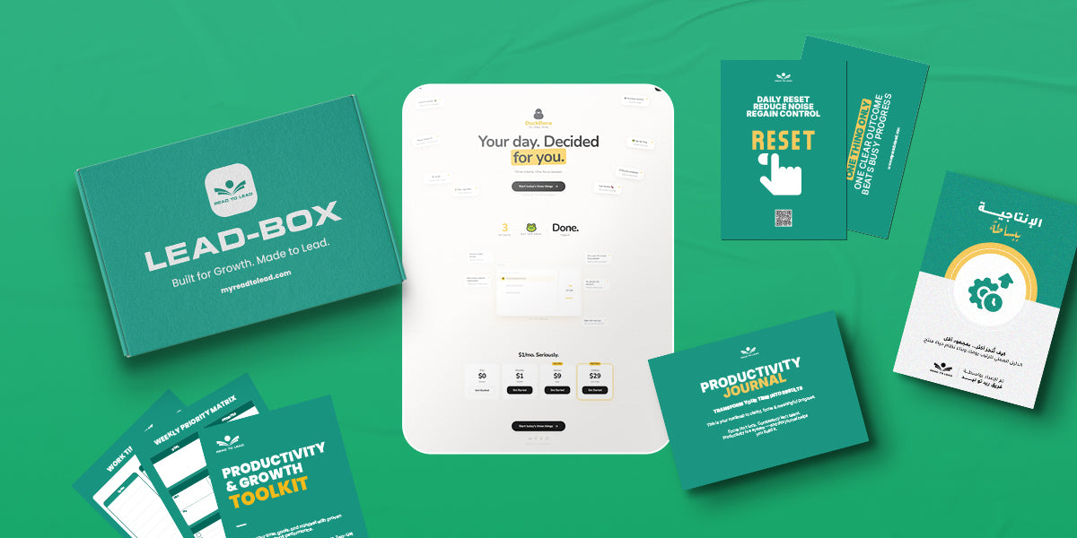 مكونات Productivity OS Kit — Lead-Box، Productivity Journal، Toolkit، Daily Reset Cards، ومنصة DuckDoro